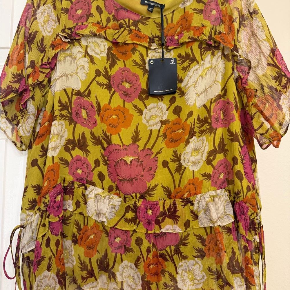 Massimo Dutti Mustard Floral Ruffle Blouse with Pink & Orange Blooms